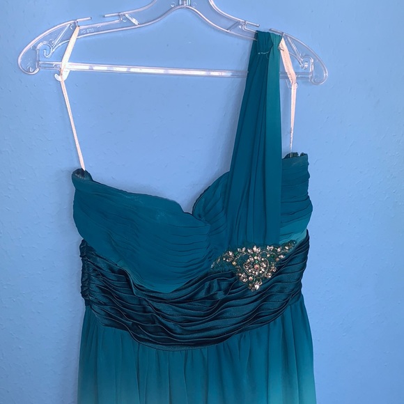 Cindy Blue Teal Ombré One Shoulder Flowy Formal Prom Dress - Picture 2 of 7